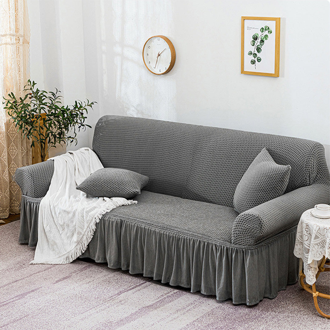 SOGA 4-Seater Grey Sofa Cover with Ruffled Skirt Couch Protector High Stretch Lounge Slipcover Home Decor • LUZ-SofaCov8