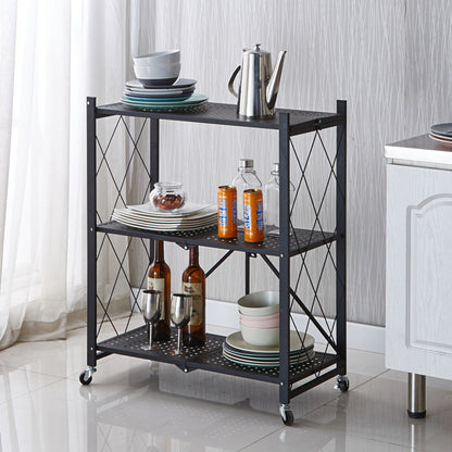 SOGA 2X 3 Tier Steel Black Foldable Kitchen Cart Multi-Functional Shelves Portable Storage Organizer with Wheels • LUZ-KitchenXY001X2