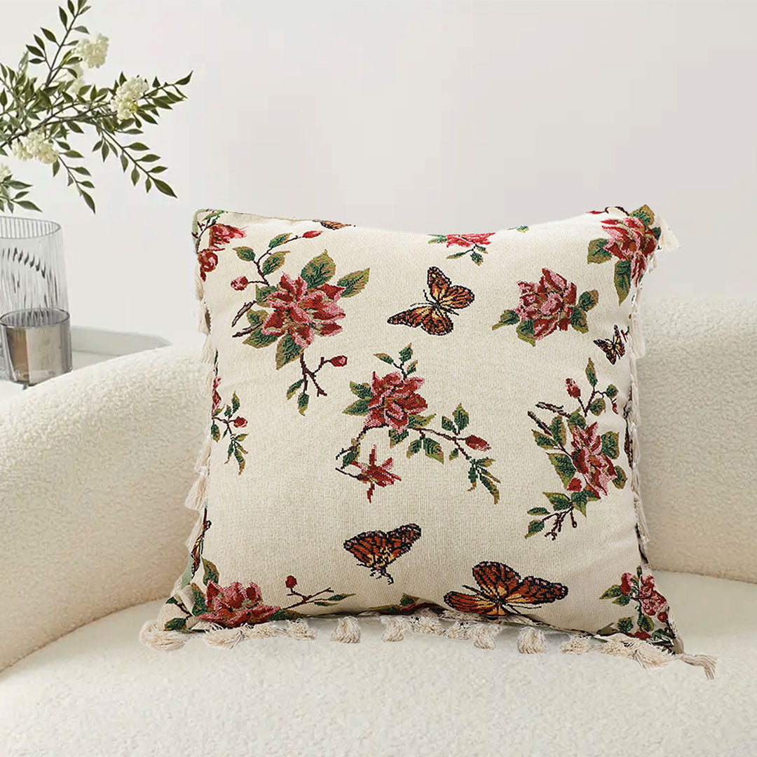 SOGA 45cm Creamy White French Vintage Butterfly Loves Flowers Tassel Throw Pillow • LUZ-FrenchCushion250