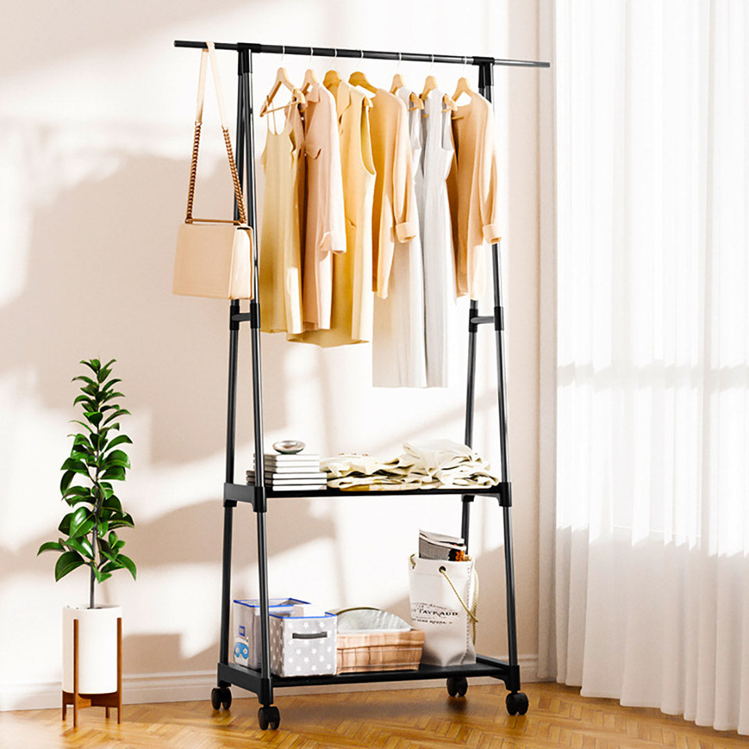 SOGA 2X 2-in-1 Organiser Clothes Shoe Rack Space-Saving Triangular Storage with Wheels Black • LUZ-Rack0012X2