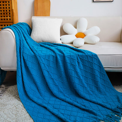 SOGA 2X Blue Diamond Pattern Knitted Throw Blanket Warm Cozy Woven Cover Couch Bed Sofa Home Decor with Tassels • LUZ-Blanket904X2