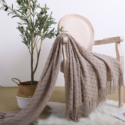SOGA Coffee Diamond Pattern Knitted Throw Blanket Warm Cozy Woven Cover Couch Bed Sofa Home Decor with Tassels • LUZ-Blanket921