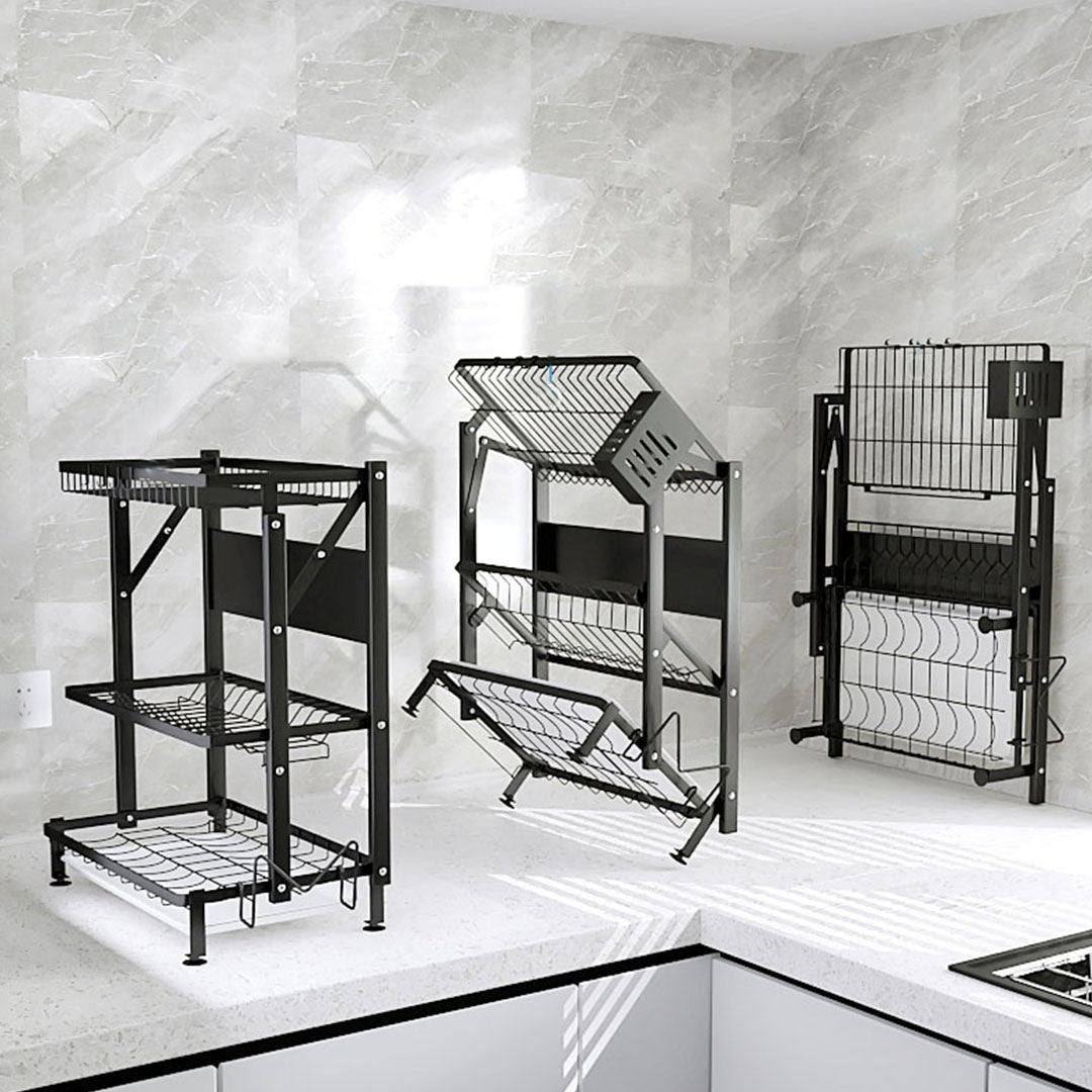 SOGA 2 Tier Steel Black Kitchen Countertop Drying Dish Rack Plate Cutlery Cutting Board Holder Dish Drainer Kitchen Organiser • LUZ-KitchenXY048