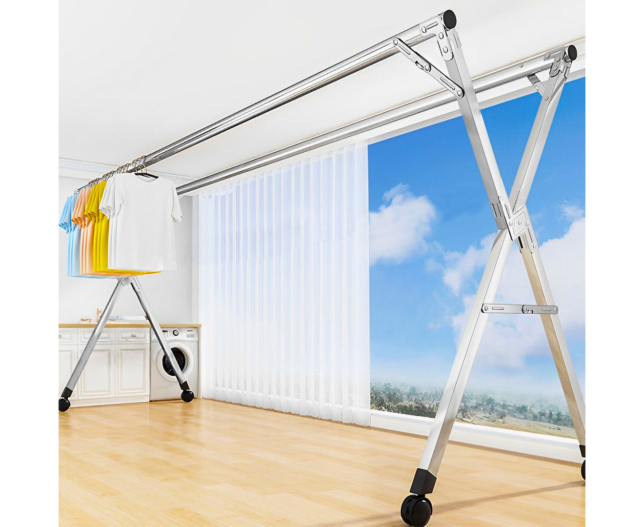 SOGA 2.0m Portable Standing Clothes Drying Rack Foldable Space-Saving Laundry Holder with Wheels • LUZ-BSXG2515
