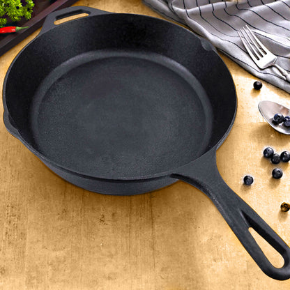 SOGA 30cm Round Cast Iron Frying Pan Skillet Steak Sizzle Platter with Helper Handle • LUZ-ZPai008
