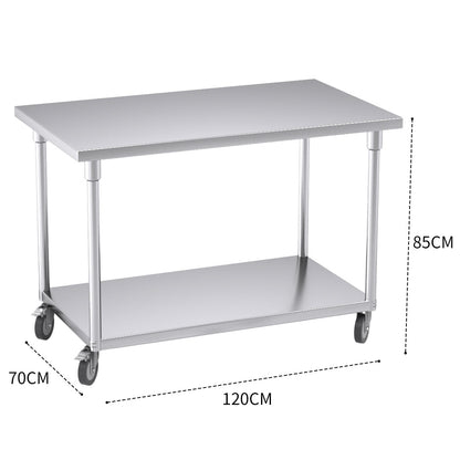 SOGA 120cm Commercial Catering Kitchen Stainless Steel Prep Work Bench Table with Wheels • LUZ-WorkBenchSS8009120CM