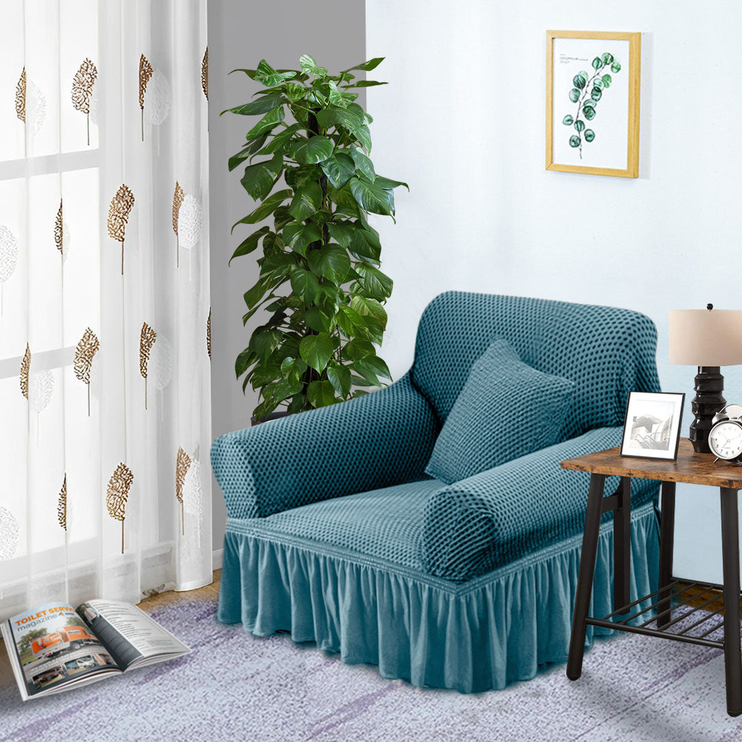 SOGA 1-Seater Blue Sofa Cover with Ruffled Skirt Couch Protector High Stretch Lounge Slipcover Home Decor • LUZ-SofaCov14