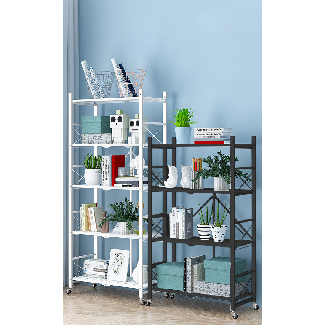 SOGA 4 Tier Steel Black Foldable Display Stand Multi-Functional Shelves Portable Storage Organizer with Wheels • LUZ-KitchenXY029BLK