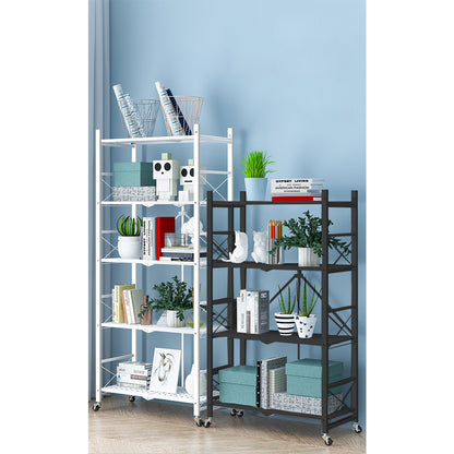 SOGA 4 Tier Steel Black Foldable Display Stand Multi-Functional Shelves Portable Storage Organizer with Wheels • LUZ-KitchenXY029BLK