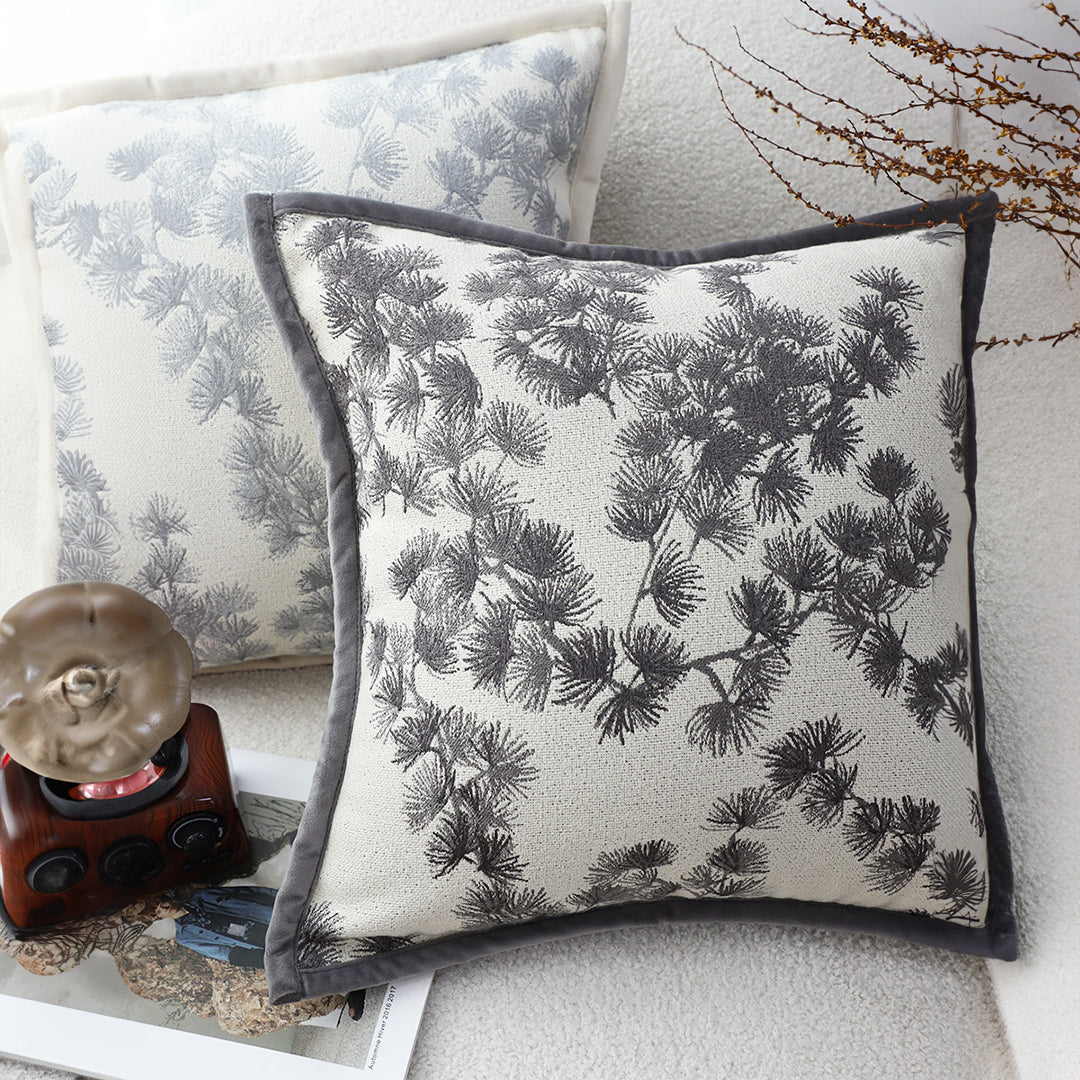 SOGA 2X 45cm Throw Pillow Off White Wide Border with Branch and Pine Needle Design Pattern Home Decor LUZ-FrenchCushion305X2