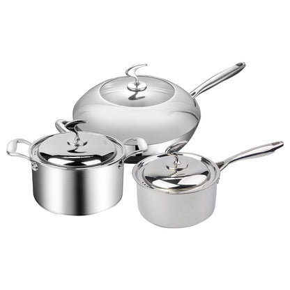 SOGA 6 Piece Cookware Set 18/10 Stainless Steel 3-Ply Frying Pan, Milk, and Soup Pot with Lid • LUZ-SSPanPotSet