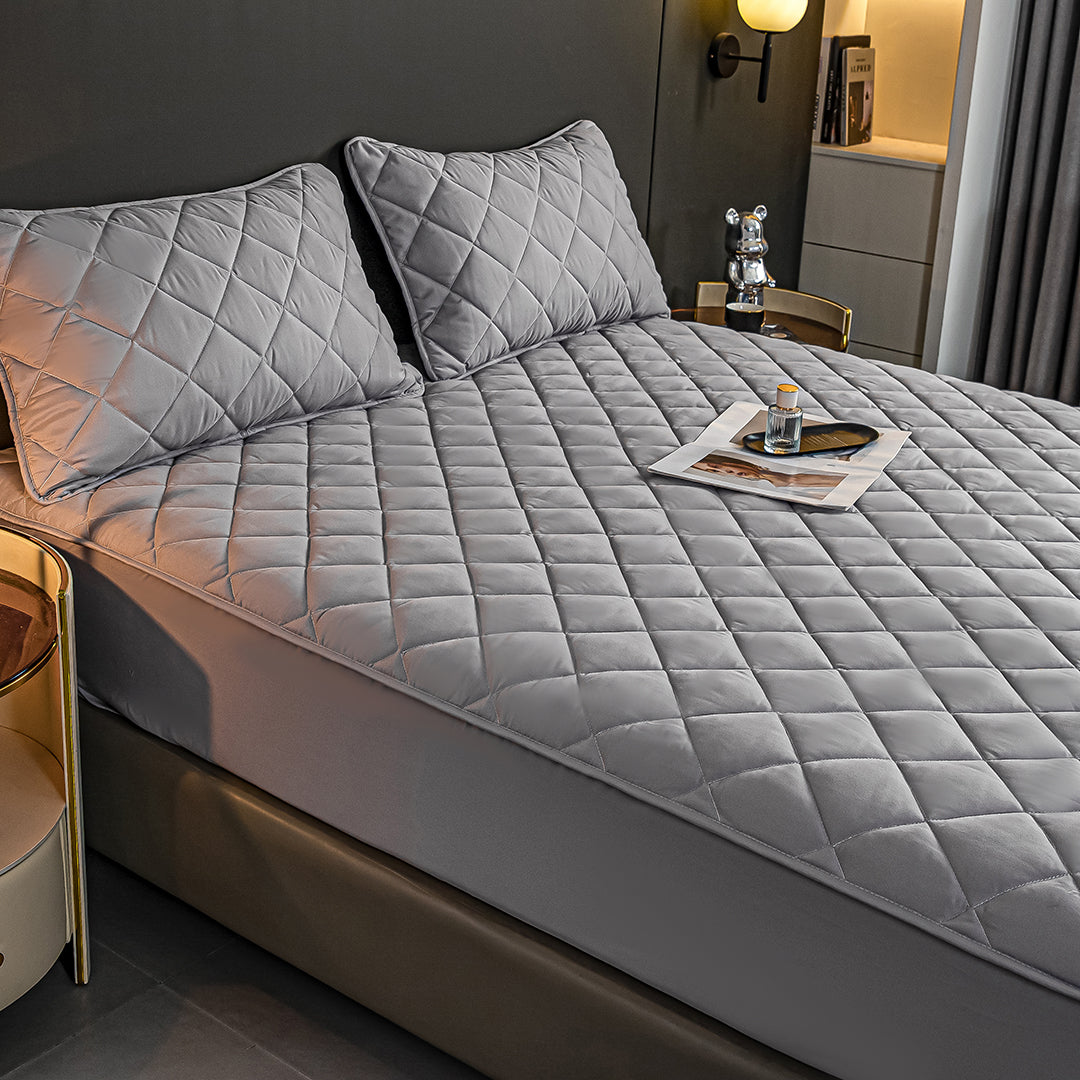 SOGA Grey 153cm Wide Cross-Hatch Mattress Cover Thick Quilted Stretchable Bed Spread Sheet Protector with Pillow Covers • LUZ-BCover4006