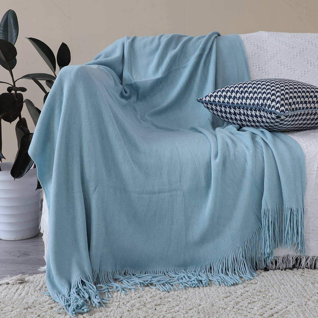 SOGA 2X Sky Blue Acrylic Knitted Throw Blanket Solid Fringed Warm Cozy Woven Cover Couch Bed Sofa Home Decor • LUZ-Blanket914X2
