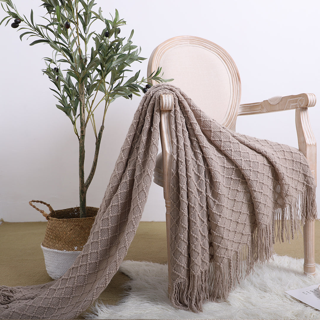 SOGA 2X Coffee Diamond Pattern Knitted Throw Blanket Warm Cozy Woven Cover Couch Bed Sofa Home Decor with Tassels • LUZ-Blanket921X2