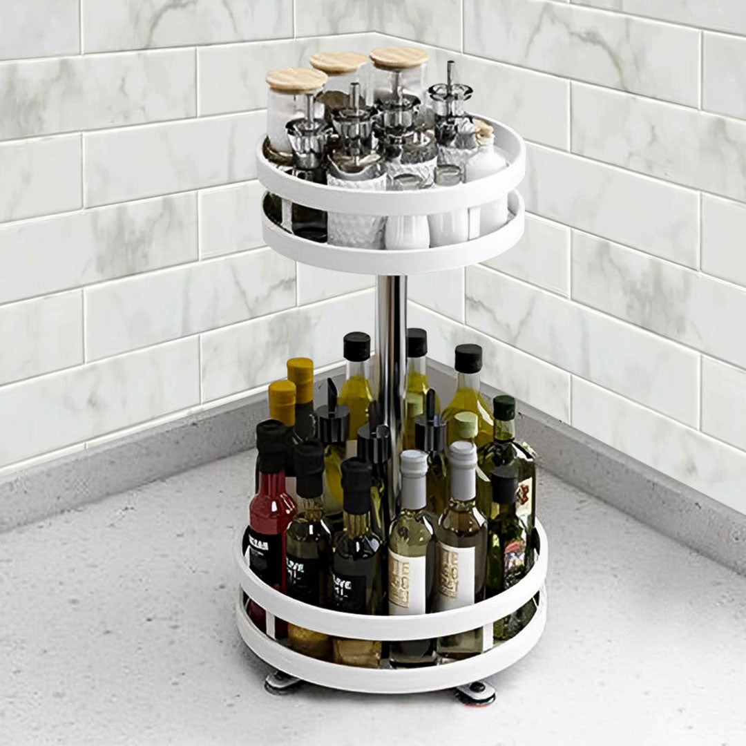 SOGA 2X 2 Tier Steel White Round Rotating Multi-Function Kitchen Portable Storage Spice Seasoning Kitchen Countertop Organiser Shelf • LUZ-KitchenXY050WHTX2