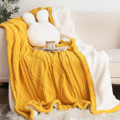 SOGA 200X230cm Throw Blanket Yellow and White Chenille Fleece Knitted Fabric on One Side Soft Suede • LUZ-BlanketFur347