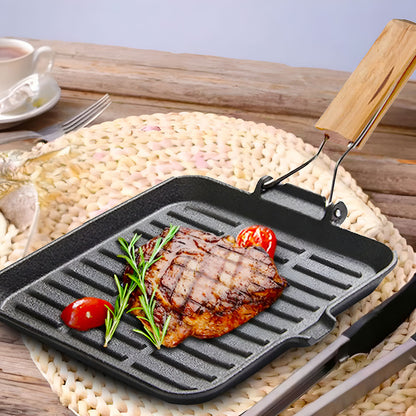 SOGA 2X 24cm Ribbed Cast Iron Square Steak Frying Grill Skillet Pan with Folding Wooden Handle • LUZ-ZPai010X2