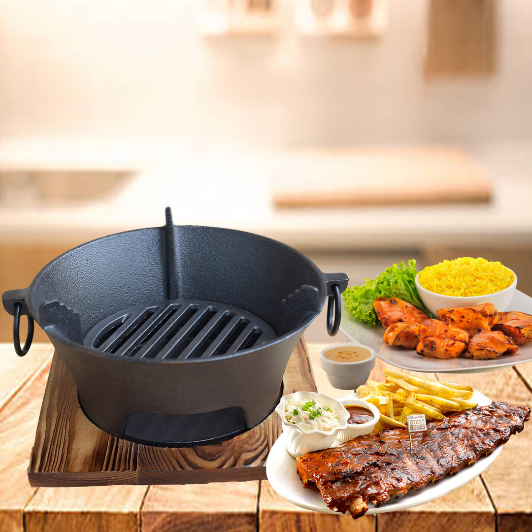 SOGA 2X Small Cast Iron Round Stove Charcoal Table Net Grill Japanese Style BBQ Picnic Camping with Wooden Board • LUZ-Zpai056SmlX2