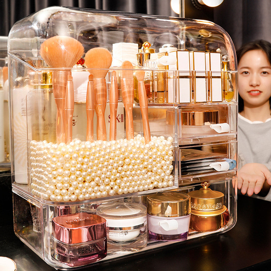 SOGA Transparent Cosmetic Storage Box Clear Makeup Skincare Holder with Lid Drawers Waterproof  Dustproof Organiser with Pearls • LUZ-BathC108