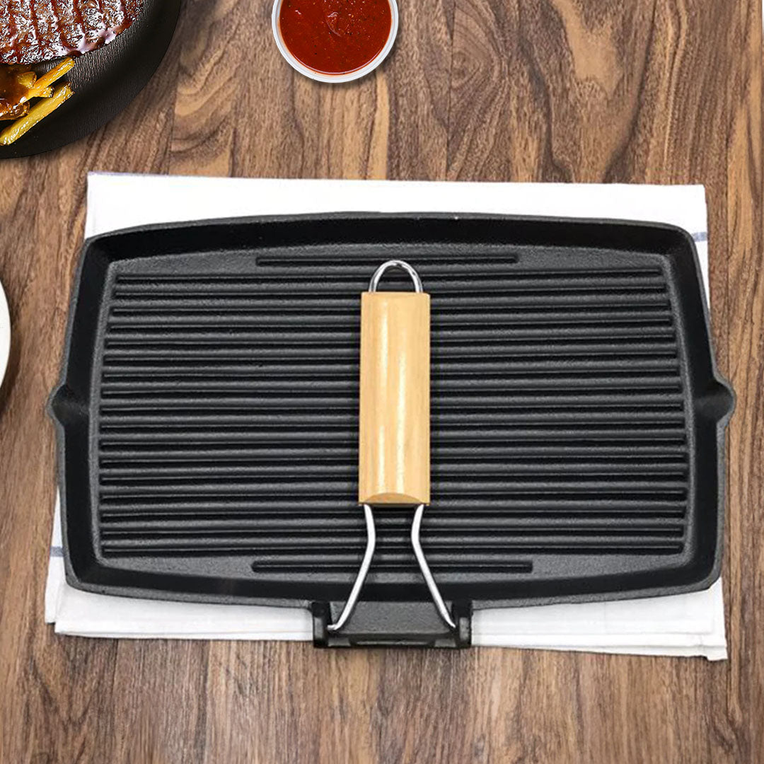 SOGA 20.5cm Rectangular Cast Iron Griddle Grill Frying Pan with Folding Wooden Handle • LUZ-ZPai061