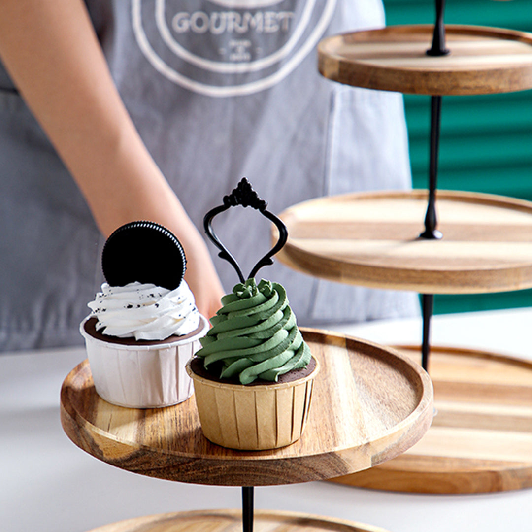 SOGA 2X 20cm 2 Tier Brown  Round Wooden Acacia  Dessert Tray Cake Snacks Cupcake Stand Buffet Serving Countertop Decor • LUZ-WodC238X2