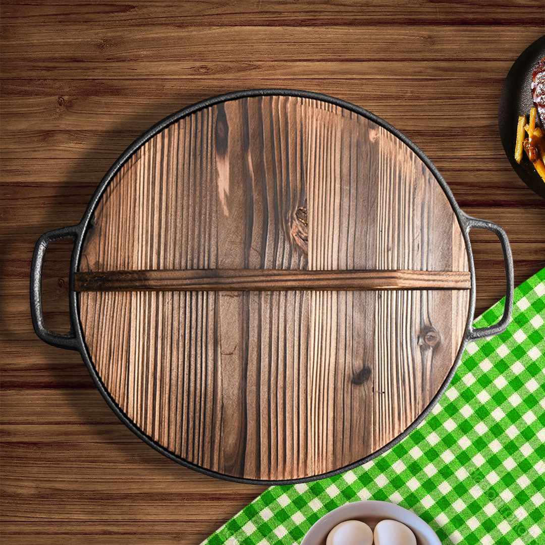 SOGA 31cm Round Cast Iron Pre-seasoned Deep Baking Pizza Frying Pan Skillet with Wooden Lid • LUZ-ZPaiC2