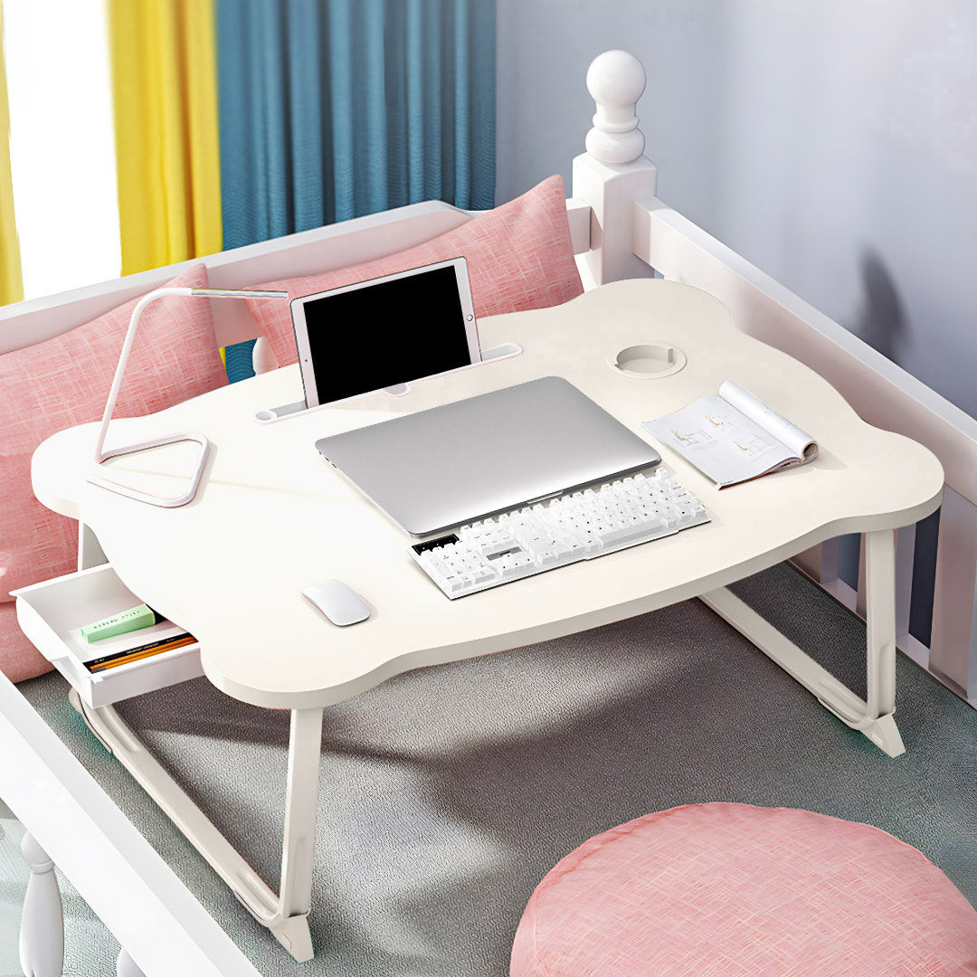 SOGA 2X White Portable Bed Table Adjustable Folding Mini Desk With Mini Drawer and Cup-Holder Home Decor • LUZ-BedTableM666X2