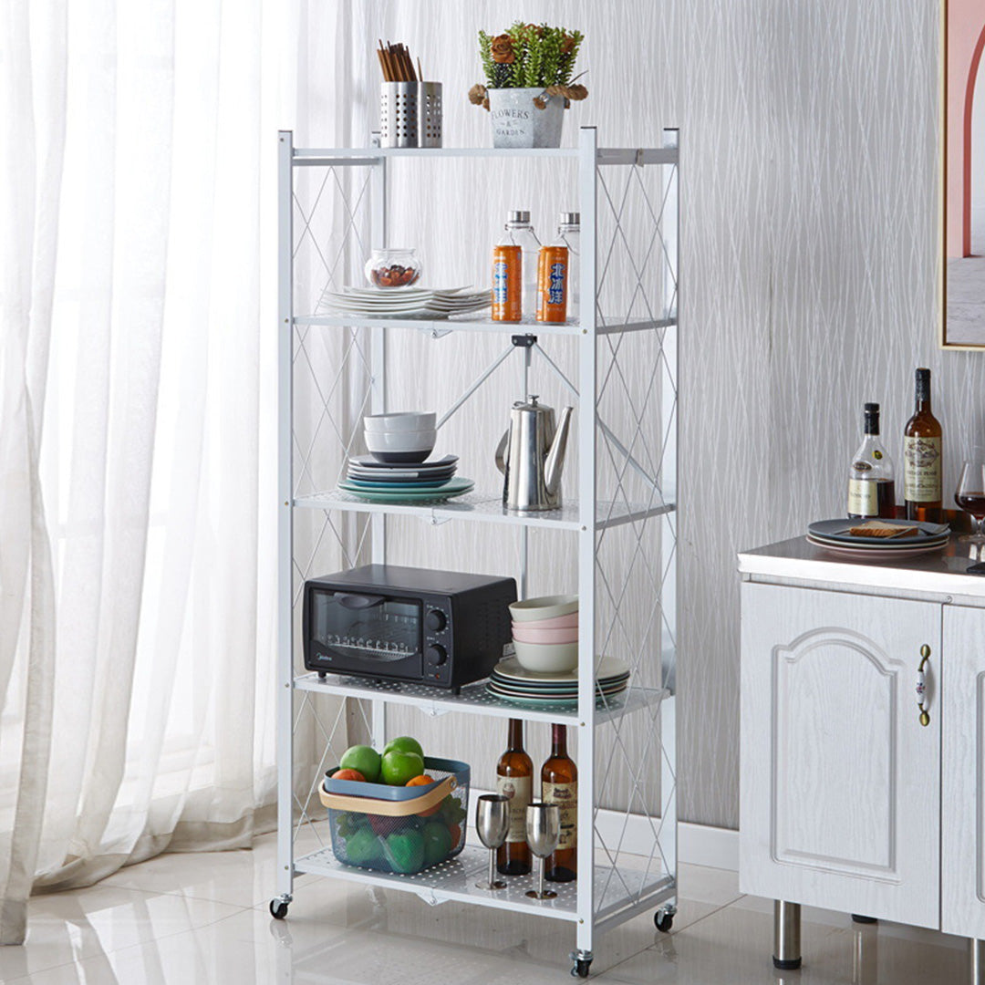 SOGA 5 Tier Steel White Foldable Kitchen Cart Multi-Functional Shelves Portable Storage Organizer with Wheels • LUZ-KitchenXY003WHT