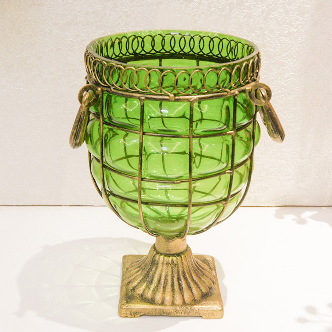 SOGA Green Colored European Glass Jar Flower Vase Solid Base with Metal Handle • LUZ-HO-VaseYG8045G