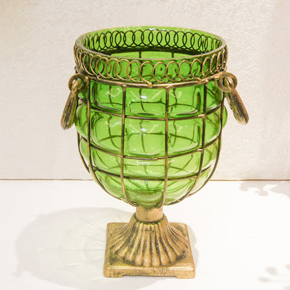 SOGA Green Colored European Glass Jar Flower Vase Solid Base with Metal Handle • LUZ-HO-VaseYG8045G