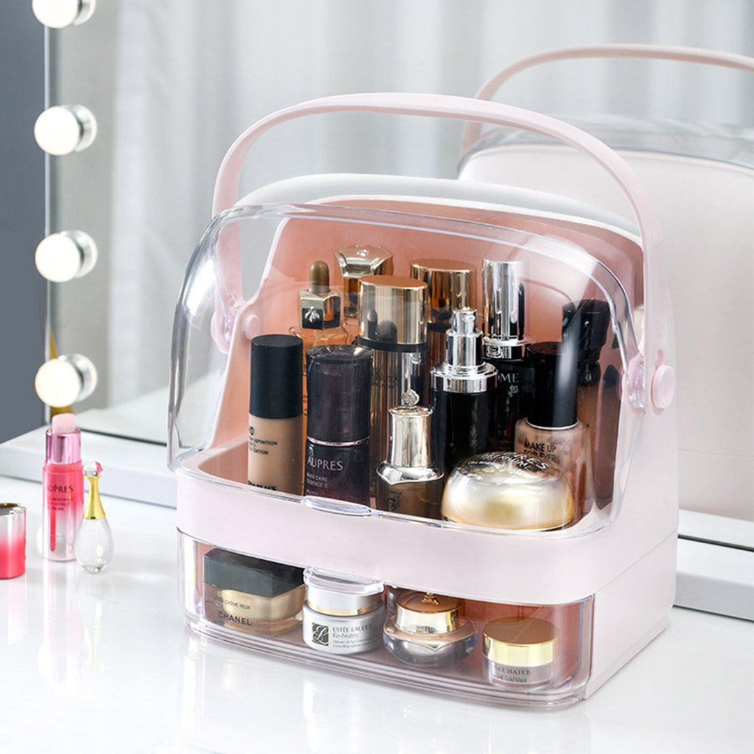 SOGA 2 Tier Pink Countertop Makeup Cosmetic Storage Organiser Skincare Holder Jewelry Storage Box with Handle • LUZ-BathC102
