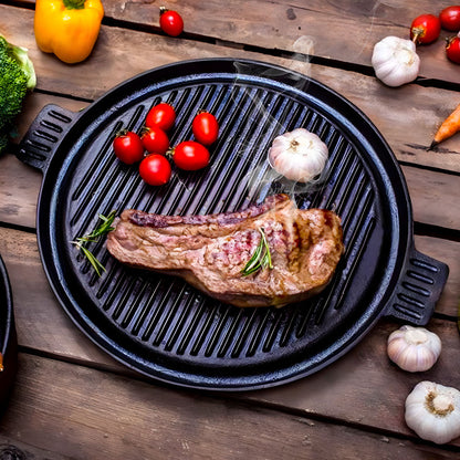 SOGA 43cm Round Ribbed Cast Iron Frying Pan Skillet Steak Sizzle Platter with Handle • LUZ-ZPai002