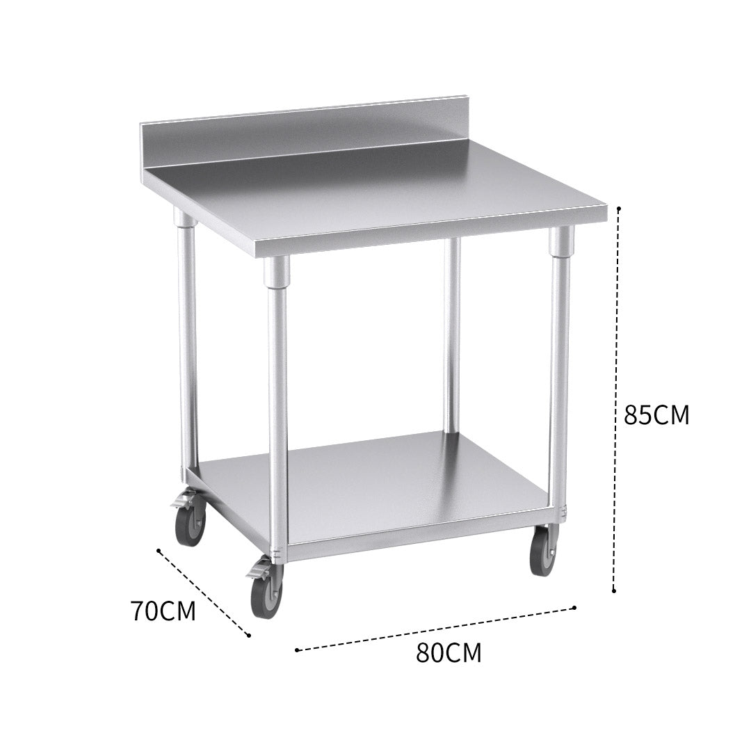 SOGA 80cm Commercial Catering Kitchen Stainless Steel Prep Work Bench Table with Backsplash and Caster Wheels • LUZ-WorkBenchSS800180CM