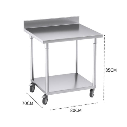 SOGA 80cm Commercial Catering Kitchen Stainless Steel Prep Work Bench Table with Backsplash and Caster Wheels • LUZ-WorkBenchSS800180CM