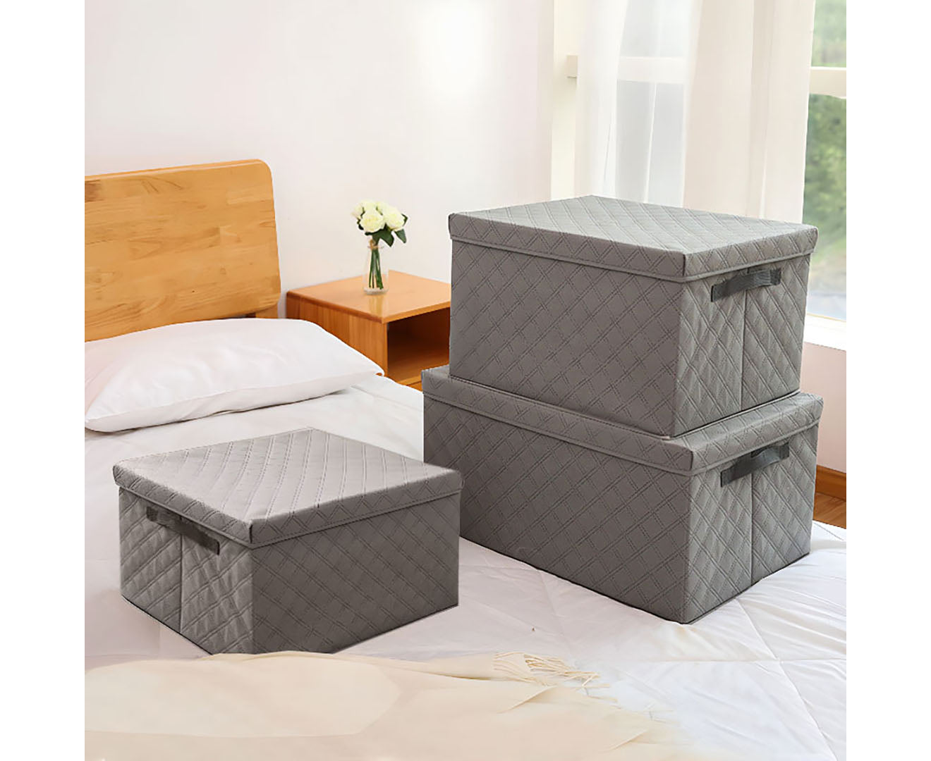 SOGA Medium Grey Non-Woven Diamond Quilt Grid Fabric Storage/Organizer • LUZ-SBox042