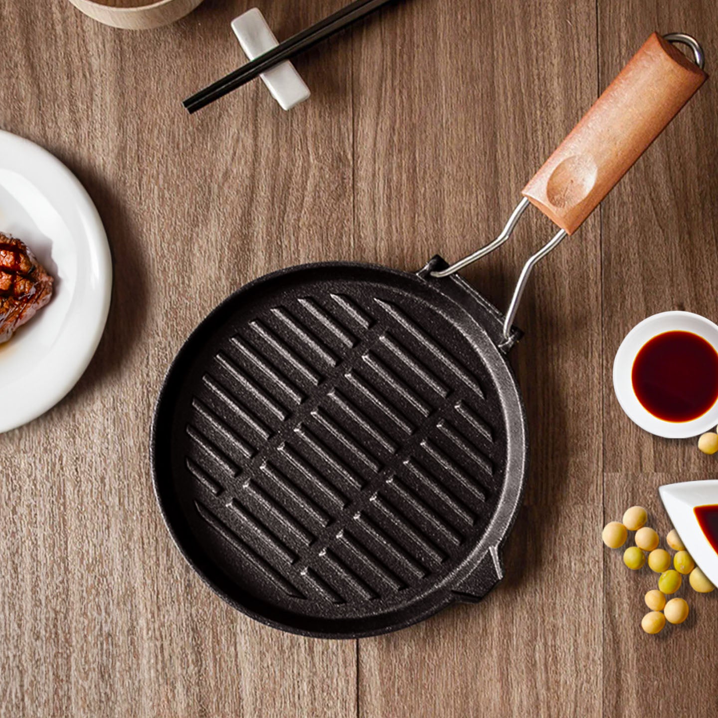SOGA 2X 24cm Round Ribbed Cast Iron Steak Frying Grill Skillet Pan with Folding Wooden Handle • LUZ-ZPai026X2