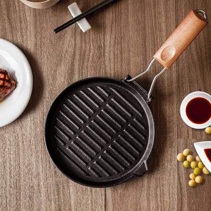 SOGA 2X 24cm Round Ribbed Cast Iron Steak Frying Grill Skillet Pan with Folding Wooden Handle • LUZ-ZPai026X2