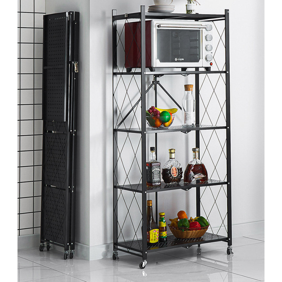 SOGA 2X 5 Tier Steel Black Foldable Kitchen Cart Multi-Functional Shelves Portable Storage Organizer with Wheels • LUZ-KitchenXY003X2