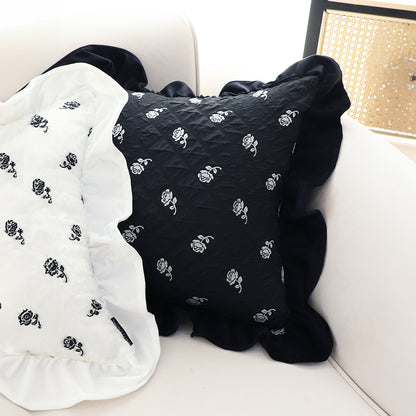 SOGA 2X 45cm Throw Pillow Black Ruffled Square Decorative Cushion for Rose Lovers Cozy Home Decor • LUZ-FrenchCushion307X2