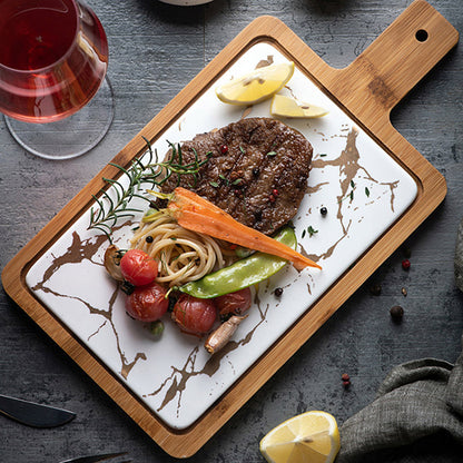 SOGA 2X 33.5cm White Square Wooden Serving Tray Slate Steak Serving Platter Chopping Board Paddle Home Decor • LUZ-WodE596X2