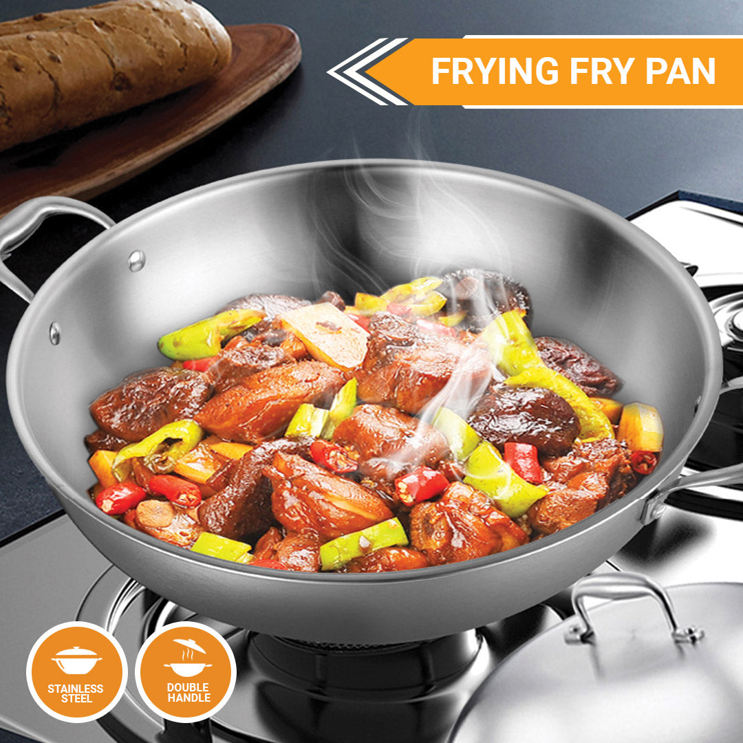 SOGA 2X 3-Ply 42cm Stainless Steel Double Handle Wok Frying Fry Pan Skillet with Lid • LUZ-WokTRIFPG42X2