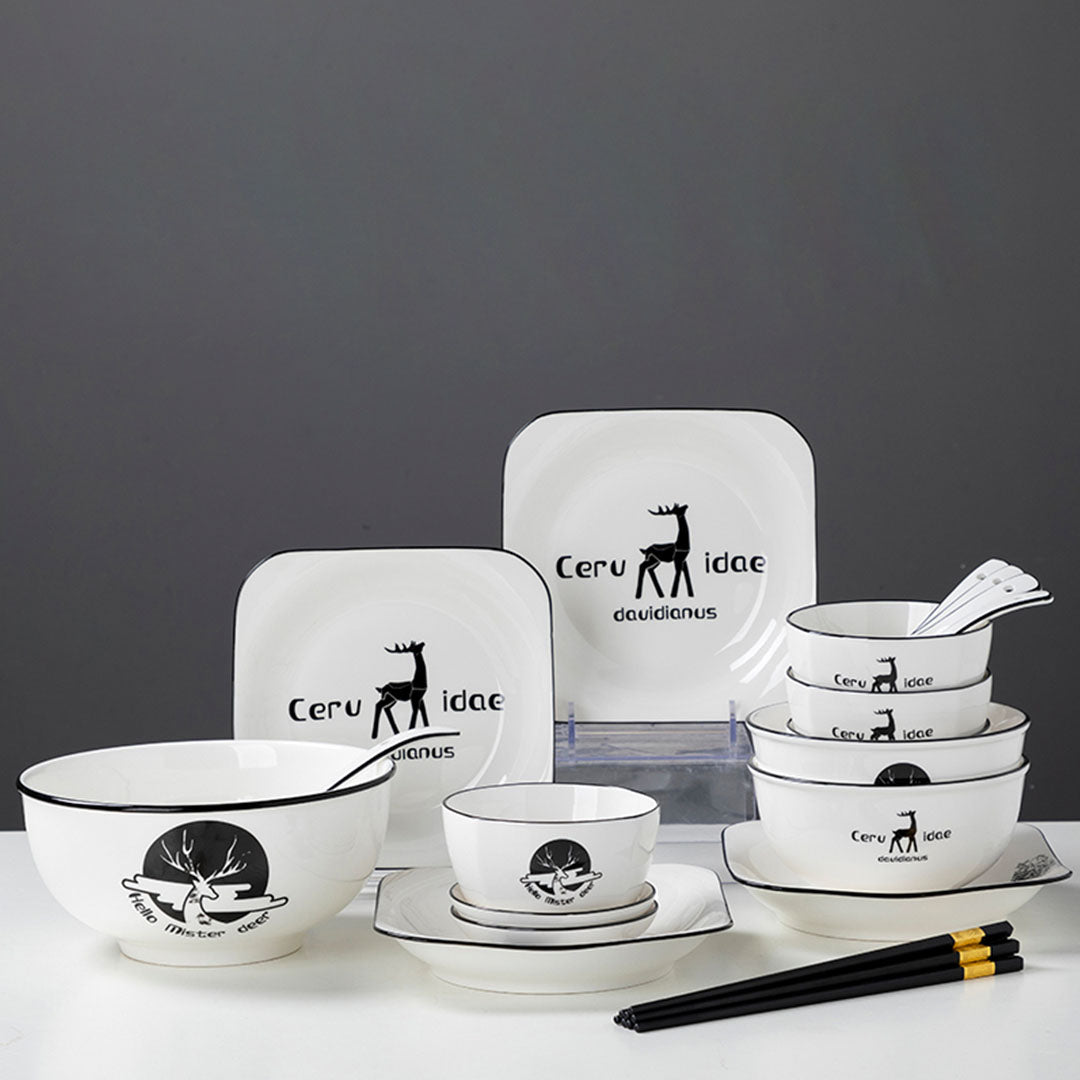 SOGA White Antler Printed Ceramic Dinnerware Set Crockery Soup Bowl Plate Server Kitchen Home Decor Set of 13 • LUZ-BowlG771