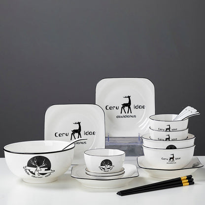 SOGA White Antler Printed Ceramic Dinnerware Set Crockery Soup Bowl Plate Server Kitchen Home Decor Set of 13 • LUZ-BowlG771