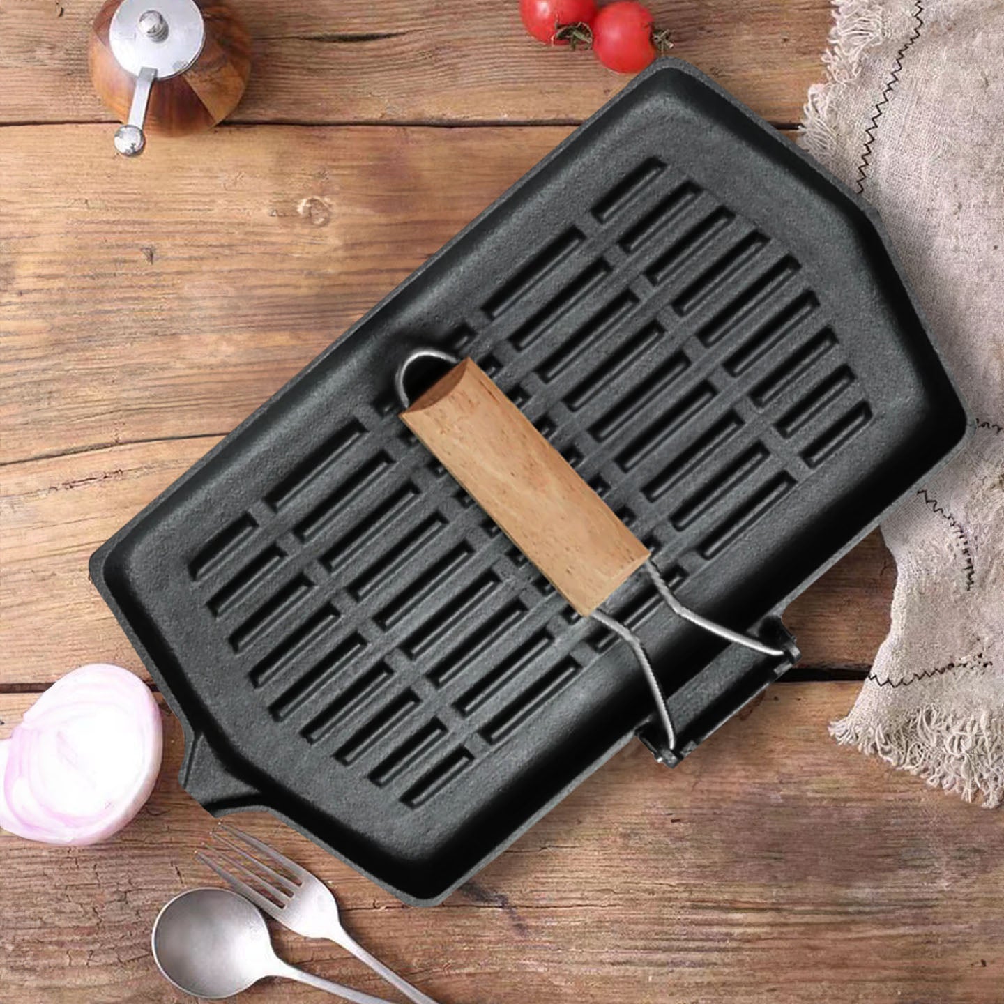 SOGA 2X Rectangular Cast Iron Griddle Grill Frying Pan with Folding Wooden Handle • LUZ-ZPai047X2