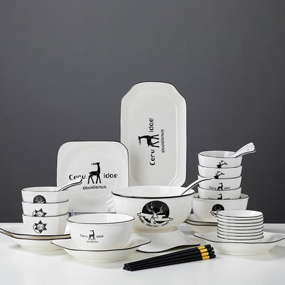 SOGA White Antler Printed Ceramic Dinnerware Set Crockery Soup Bowl Plate Server Kitchen Home Decor Set of 28 • LUZ-BowlG775