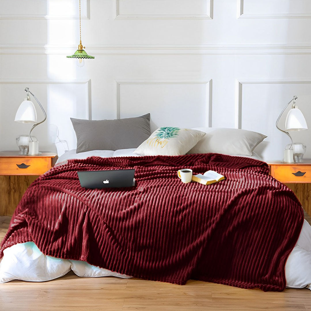 SOGA 2X Burgundy Throw Blanket Warm Cozy Striped Pattern Thin Flannel Coverlet Fleece Bed Sofa Comforter • LUZ-Blanket318X2