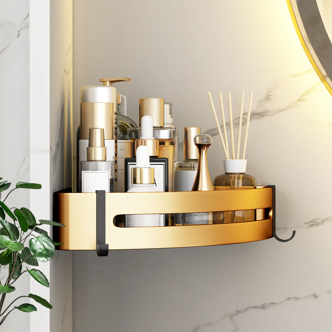 SOGA Gold Wall-Mounted Triangular Bathroom Storage Corner Vanity Organiser Space Saving Adhesive Shelf Rack with Hooks LUZ-TAN1013