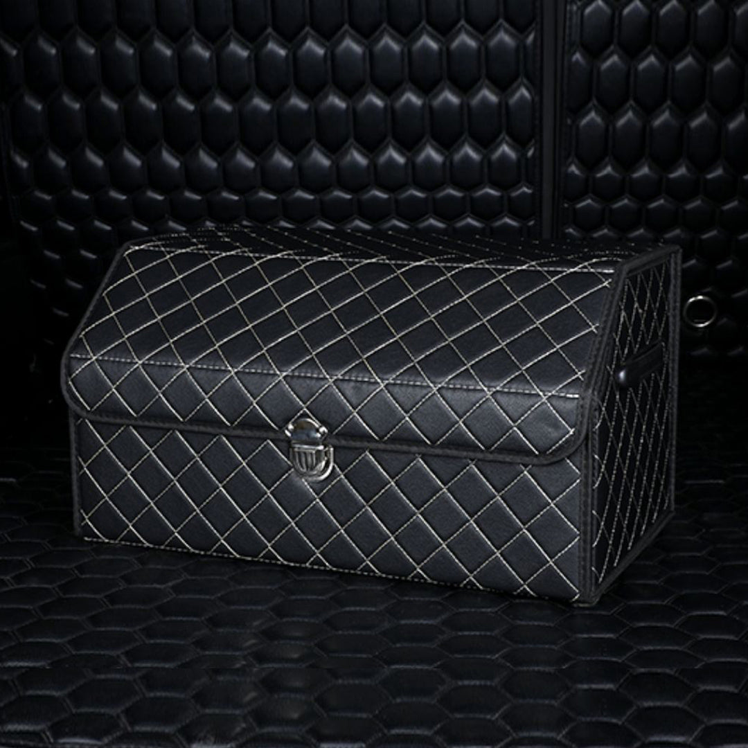 SOGA Leather Car Boot Collapsible Foldable Trunk Cargo Organizer Portable Storage Box Black/White Stitch with Lock Medium • LUZ-StorageBLK387
