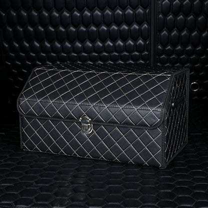 SOGA Leather Car Boot Collapsible Foldable Trunk Cargo Organizer Portable Storage Box Black/White Stitch with Lock Medium • LUZ-StorageBLK387