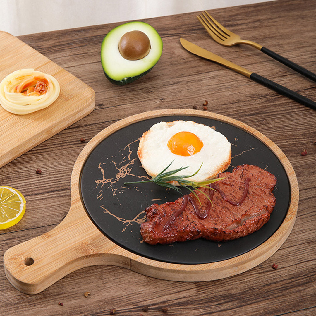 SOGA 30cm Black Circle Wooden Serving Tray Slate Steak Serving Platter Chopping Board Paddle Home Decor • LUZ-WodE593
